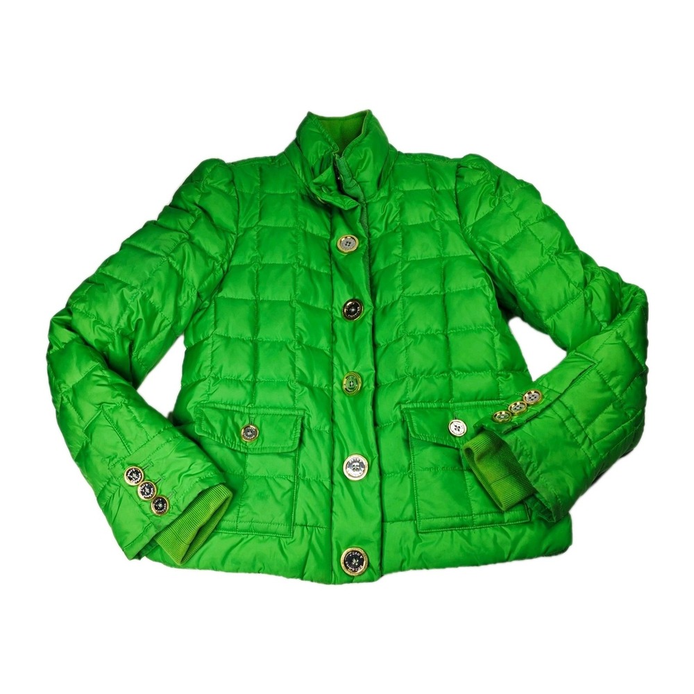 Juicy‎ Couture Womens Quilted Puffer Jacket Coat Green Gold Button Size Small